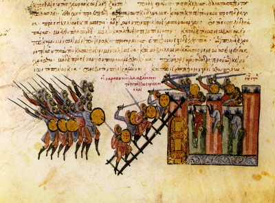 Dettaglio di un manoscritto (Skyllitzes Matritensis, fol. 100v) che ricorda la conquista di Siracusa (878)
